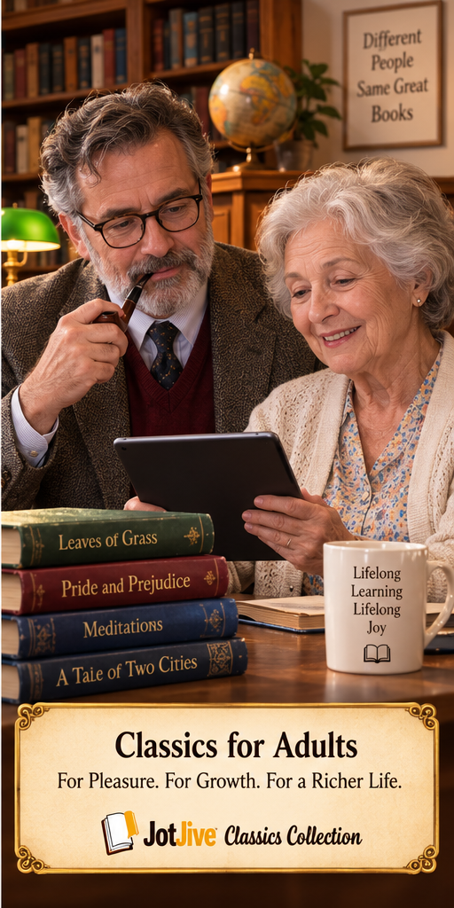 Adult and older readers enjoying the JotJive Global Classics Library