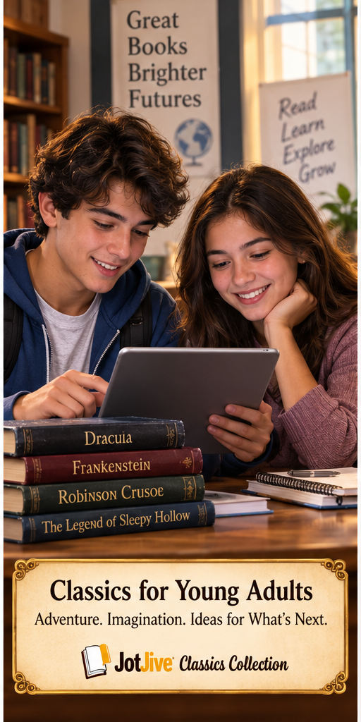 High-school-age readers exploring the JotJive Global Classics Library